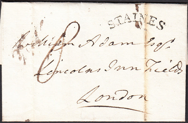 91292 - 1798 MIDDX/'STAINES' CONVEX HAND STAMP (MX264). Wrapper Staines to London with goo...