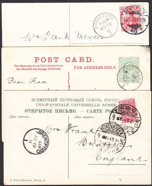 91299 - 1906-1911 'BRENTFORD' DATE STAMPS WITH CODES ON THREE POST CARDS.