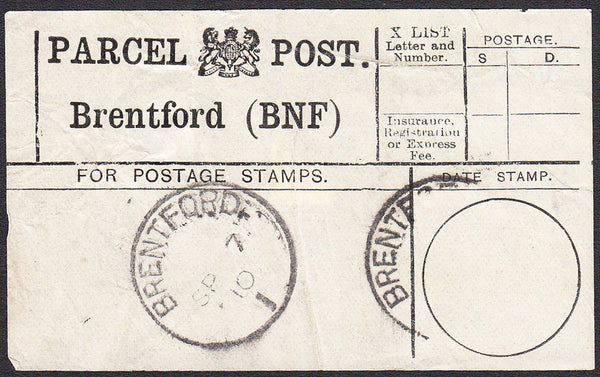 91301 - PARCEL POST LABEL/MIDDX. 1910 label BRENTFORD (BNF...