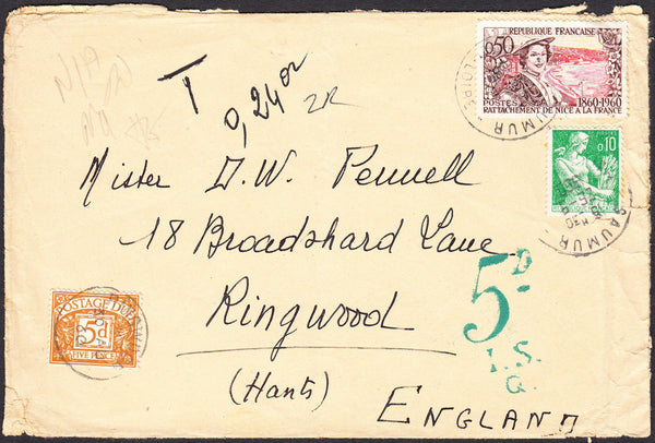 91332 - 1960 UNDERPAID MAIL FRANCE TO HANTS. Envelope (some imperfections...
