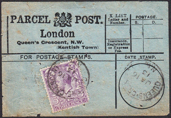 91409 - PARCEL POST LABEL. 1913 blue label (some faults) L...