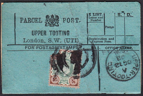 91432 - PARCEL POST LABEL. 1908 blue label UPPER TOOTING L...