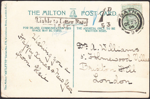 91716 - 1904 UNDERPAID MAIL BATH TO LONDON. Post card Bath to Lo...