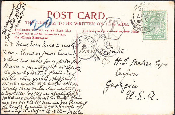 91727 - 1905 UNDERPAID MAIL ISLE OF WIGHT TO USA. Post card of Sando...