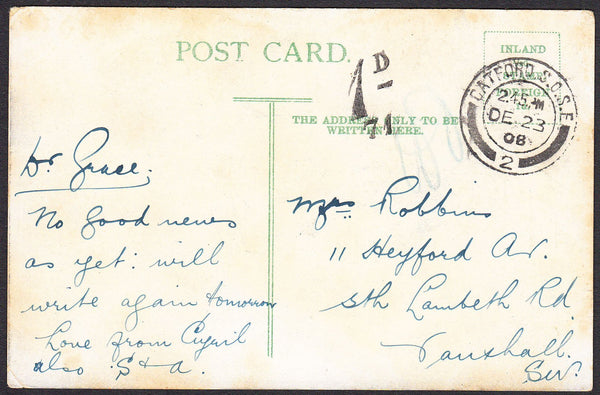 91729 - 1908 UNPAID MAIL CATFORD TO VAUXHALL.