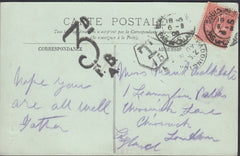 91730 - 1905 UNDERPAID MAIL FRANCE TO LONDON. Post card Boulogne to Chiswic...