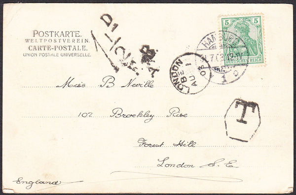 91732 - 1903 UNDERPAID MAIL GERMANY TO LONDON. Post card Hamburg to London w...