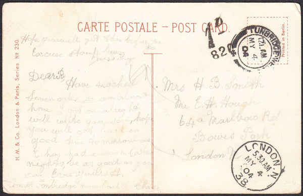 91738 - 1904 UNPAID MAIL TUNBRIDGE WELLS TO LONDON. Post card Tunbridge Well...