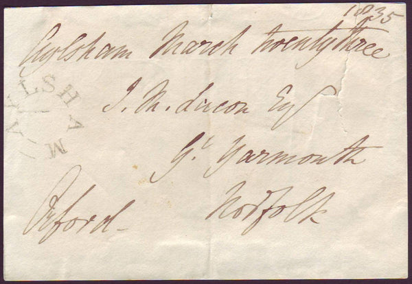 91925 - NORFOLK. 1835 free front Aylsham to Great Yarmouth...