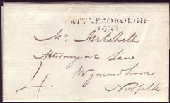 91933 - 1806 NORFOLK/'ATTLEBOROUGH 95' MILEAGE MARK (NK12). Fine letter Hingham to Wymondham dated Ju...