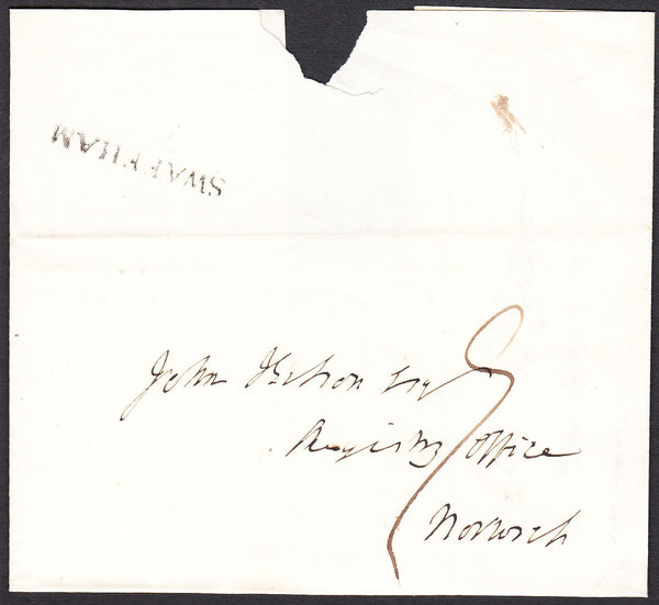 91996 - NORFOLK/'SWAFFHAM' HAND STAMP (NK390)(1809-1838). Undated wrapper Swaffham to