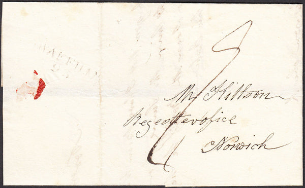 92000 - 1821 MAIL SWAFFHAM TO NORWICH WITH 'SWAFFHAM 95' MILEAGE MARK (NK391).