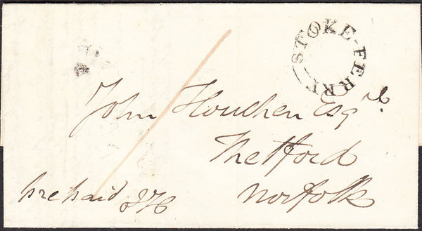 92016 - NORFOLK. 1845 letter Stoke Ferry to Thetford dated...