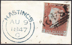92029 - 1847 SUSSEX '342' NUMERAL OF HASTINGS. Small piece with a four margined 1d imperf...
