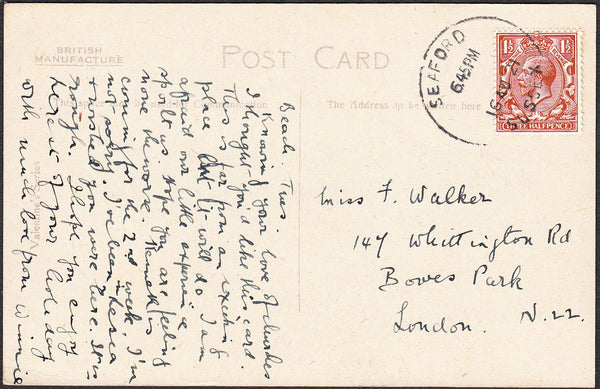 92093 - SUSSEX. 1921 post card Lullington Church to London...