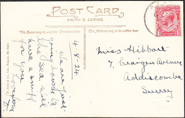 92102 - SUSSEX. 1924 post card Watchbell Street, Rye to Ad...