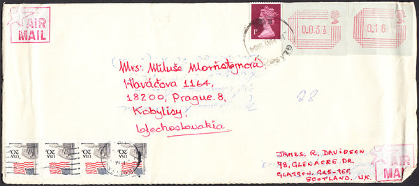 92195 - 1984 ENVELOPE USA TO DUNDEE REUSED GLASGOW TO CZECHOSLOVAKIA. Large env