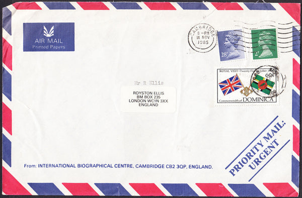 92255 -1985 MAIL UK TO DOMINICA RE DIRECTED BACK TO CAMBRIDGE. Air mail envelope Cambridge to Dominica with ...