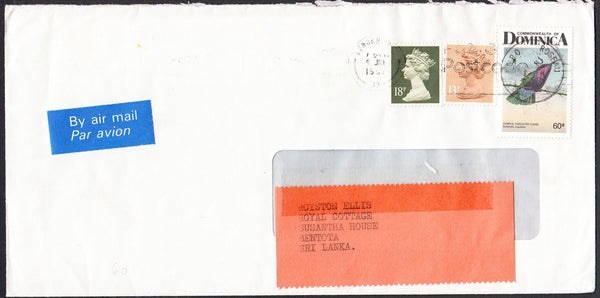 92260 - 1987 MAIL DOMINICA TO LONDON REDIRECTED TO SRI LANKA. Large envelope (222x110) Dominica to London with Dominican 60...