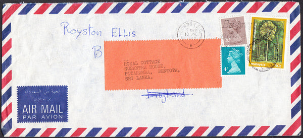 92266 - 1982 MAIL MALAYSIA TO LONDON REDIRECTED TO SRI LANKA. Large envelope (228x103)  Malaysia to London with Malaysian 80...