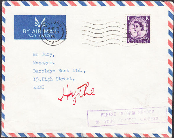 92405 - KENT/INSTRUCTIONAL. 1961 envelope Oxford to Kent w...