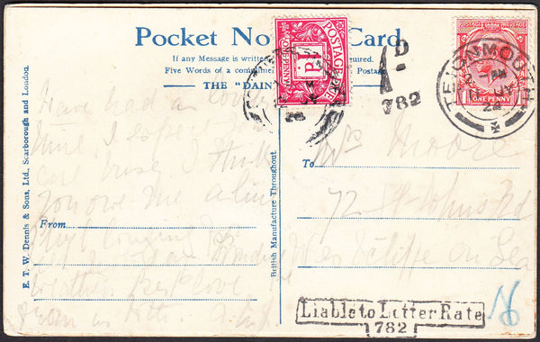 92417 - 1924 UNDERPAID MAIL TEIGNMOUTH TO WESTCLIFFE. Post card Teignmouth to Westc...