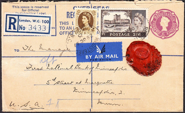 92992 - 1957 2/6 CASTLE REGISTERED MAIL LONDON TO USA. QE2 6d mauve registered envelope London to th...