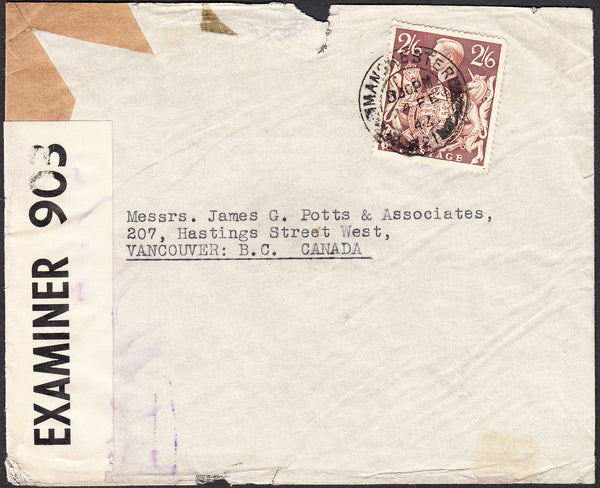 92999 - 1942 envelope (fault at top) Manchester to Vancouv...