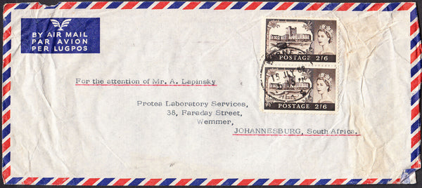 93018 1962 AIR MAIL BARNET, HERTS TO SOUTH AFRICA WITH PAIR 2/6 CASTLE.