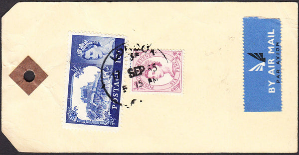 93035 - 1965 UNADDRESSED PARCEL TAG 10S CASTLE. A fine unaddressed parcel tag with air mail labels b...