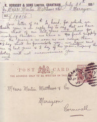 93073 LINCS. 1893 QV ½d brown post card Grantham to Marazion.