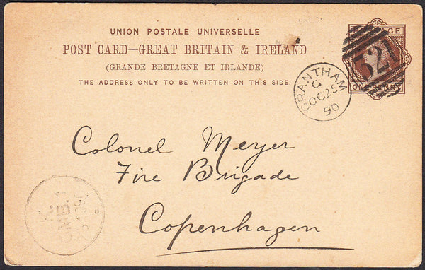 93083 - LINCS. 1890 QV 1d brown UPU post card Grantham to ...