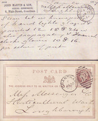 93085 - LINCS. 1877 QV ½d brown post card Grantham to Loug...