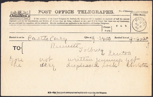 93147 - 1892 TELEGRAM/SOMERSET. A fine Post Office telegram (222x142) concerning a Telegram han...