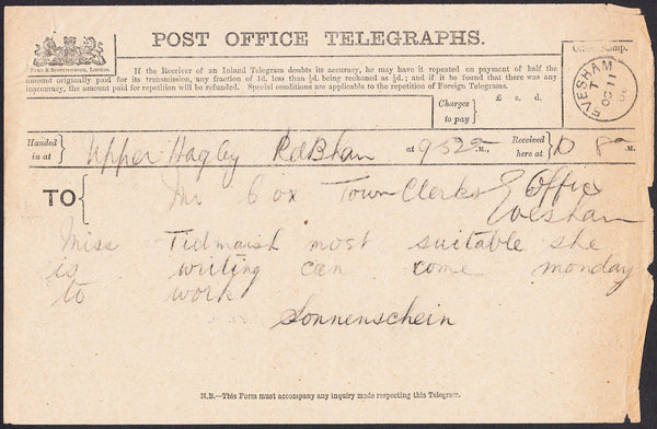 93155 - 1906 TELEGRAM/WORCS. Fine Post Office telegraph handed ...