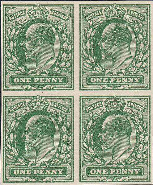 93244 - 1902 KEDVII 1d PLATE PROOF DEEP GREEN WHITE CARD. A fine block of four imperforate plate proof of the 1d value in DEEP GREEN