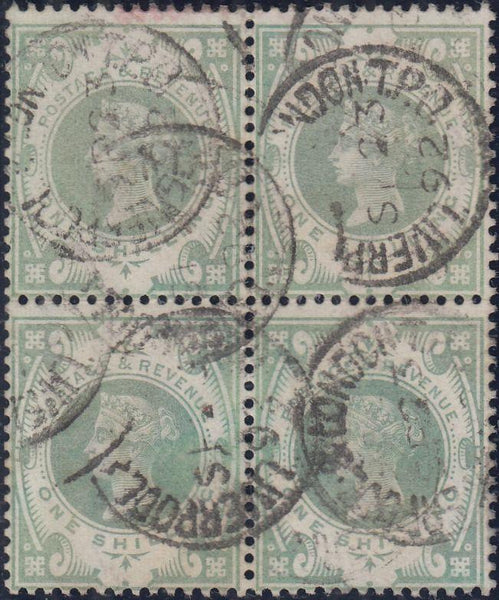 93259 - 1887 1S PALE GREEN (SG211) USED BLOCK OF FOUR.  Good used block o...