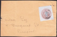 93384 - 1908 MAIL LONDON TO LIVERPOOL/QV 1D PINK BLUED PAPER. Envelope London to Liverpool