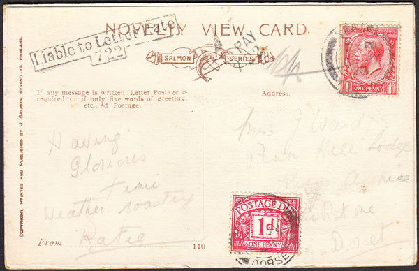 93480 - 1928 UNDERPAID MAIL SEATON TO PARKSTONE. Post card Seaton to Parkstone, Dorset with KG...
