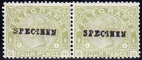 93530 1877 4D SAGE-GREEN TELEGRAPH HORIZONTAL PAIR OVERPRINTED 'SPECIMEN' TYPE 9 (SPEC L211s).