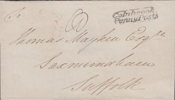 93570  CIRCA 1830-1840 MAIL COLNBROOK, BUCKS TO SUFFOLK WITH 'COLNBROOK/PENNY POST' HAND STAMP (BU117).