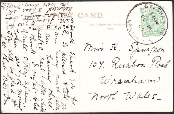 93654 - 1905 NORFOLK/'AYLSHAM SO NORFOLK' SKELETON DATE STAMP. Post card of Lowestoft to Wrexham wi...