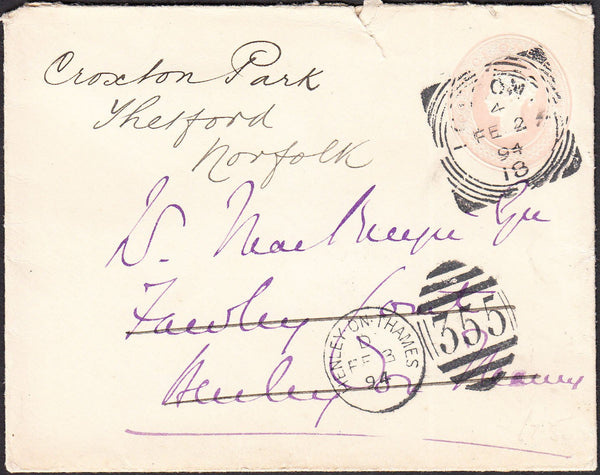 93661 - OXON. 1894 1d pink envelope London to Henley on Th...