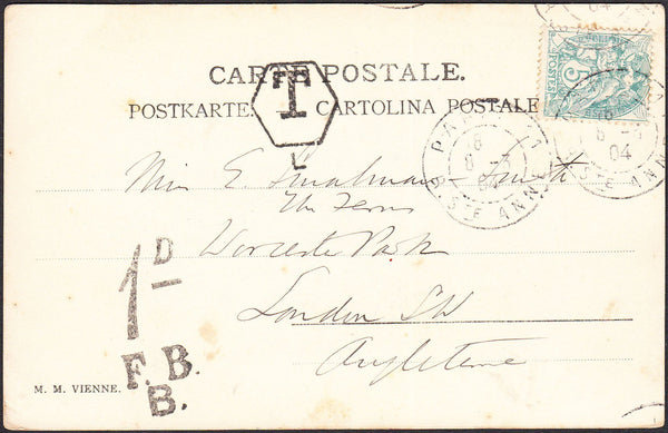 93679 - 1904 UNDERPAID MAIL FRANCE TO LONDON. Post card Fr...