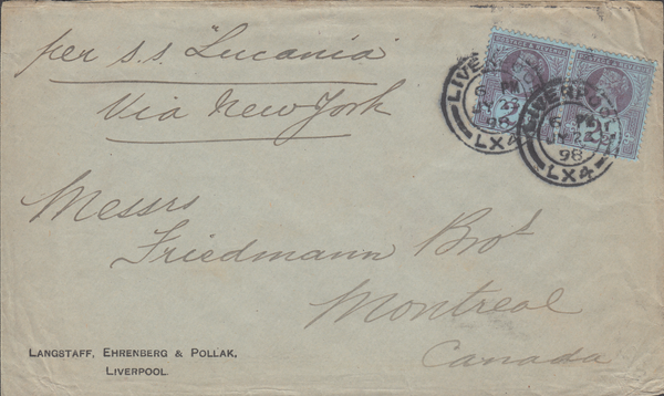 93681 - 1898 MAIL LIVERPOOL TO CANADA. 1898 envelope Liverpool to Mon...