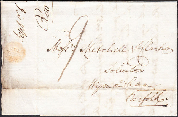 93722 - 1821 MAIL WALSINGHAM (NORFOLk) TO WYMONDHAM WITH 'WALSINGHAM' HAND STAMP (NK436).