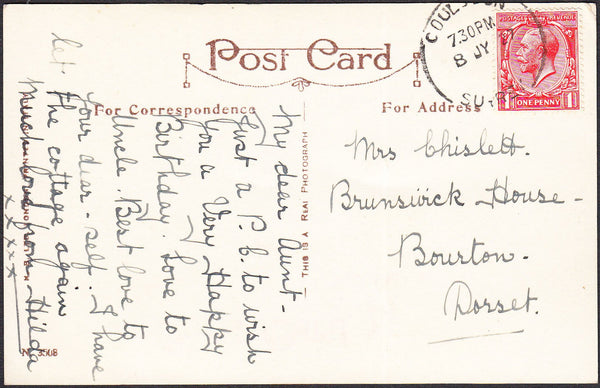 93744 - 1927 SURREY/COULSDON SKELETON. Post card to Bourton Dorset with KGV ...