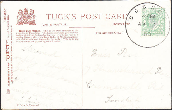 93745 - SUSSEX. 1908 post card of Hyde Park Corner to Lond...