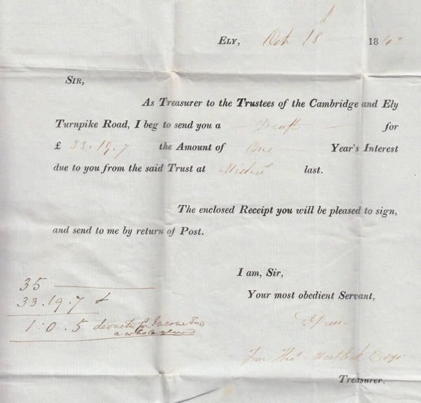 93959 - 1842 CAMBS/TURNPIKE ROAD. Entire Ely to Norwich with printed con...