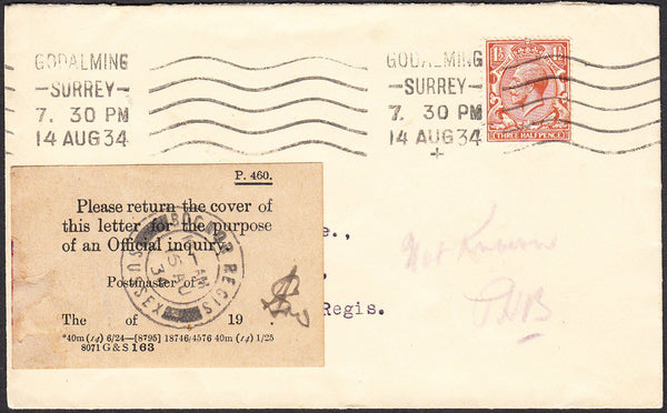 93978 - "PLEASE RETURN COVER" LABEL. 1934 envelope Godalmi...